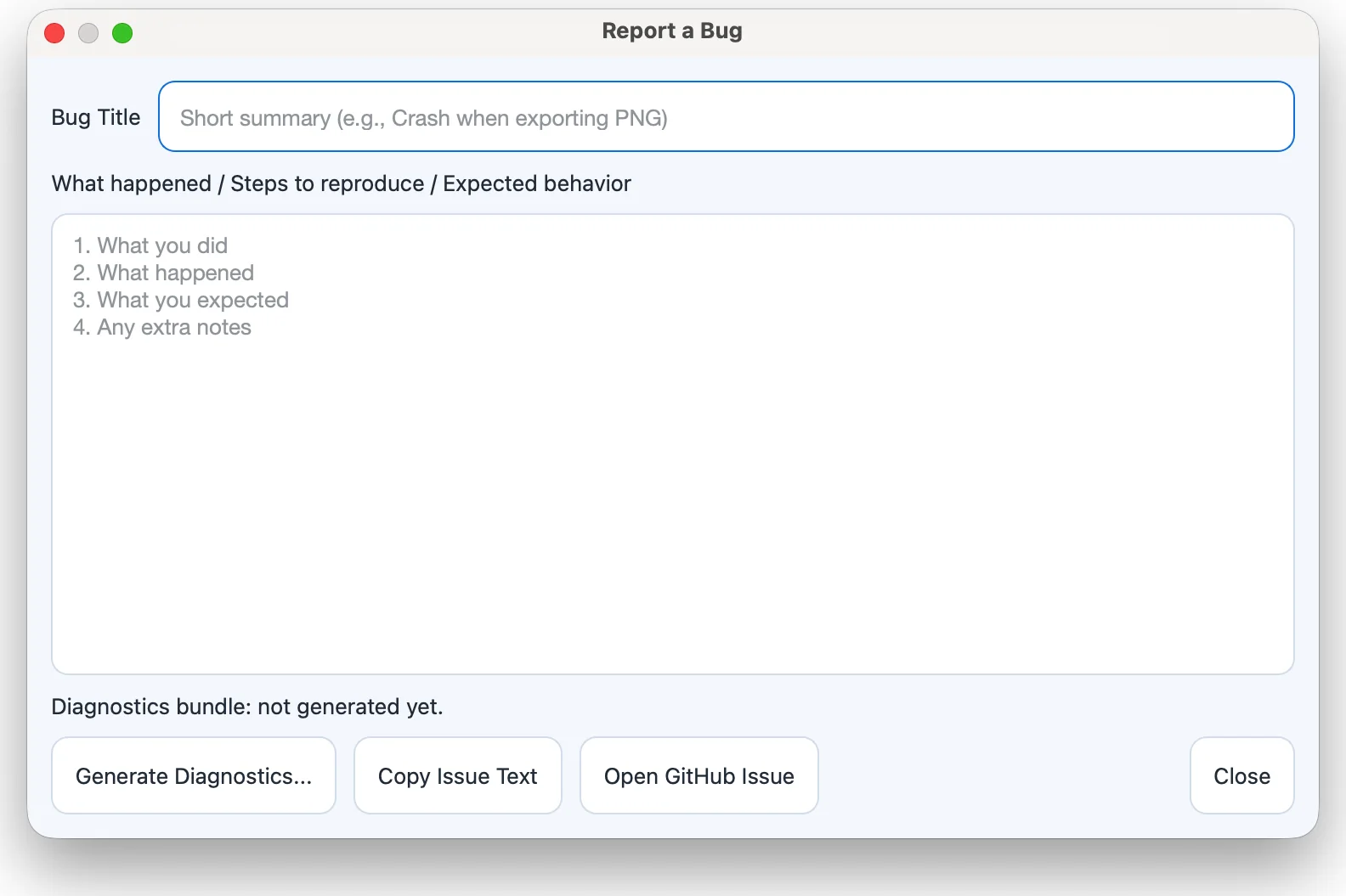 The Report a Bug dialog.