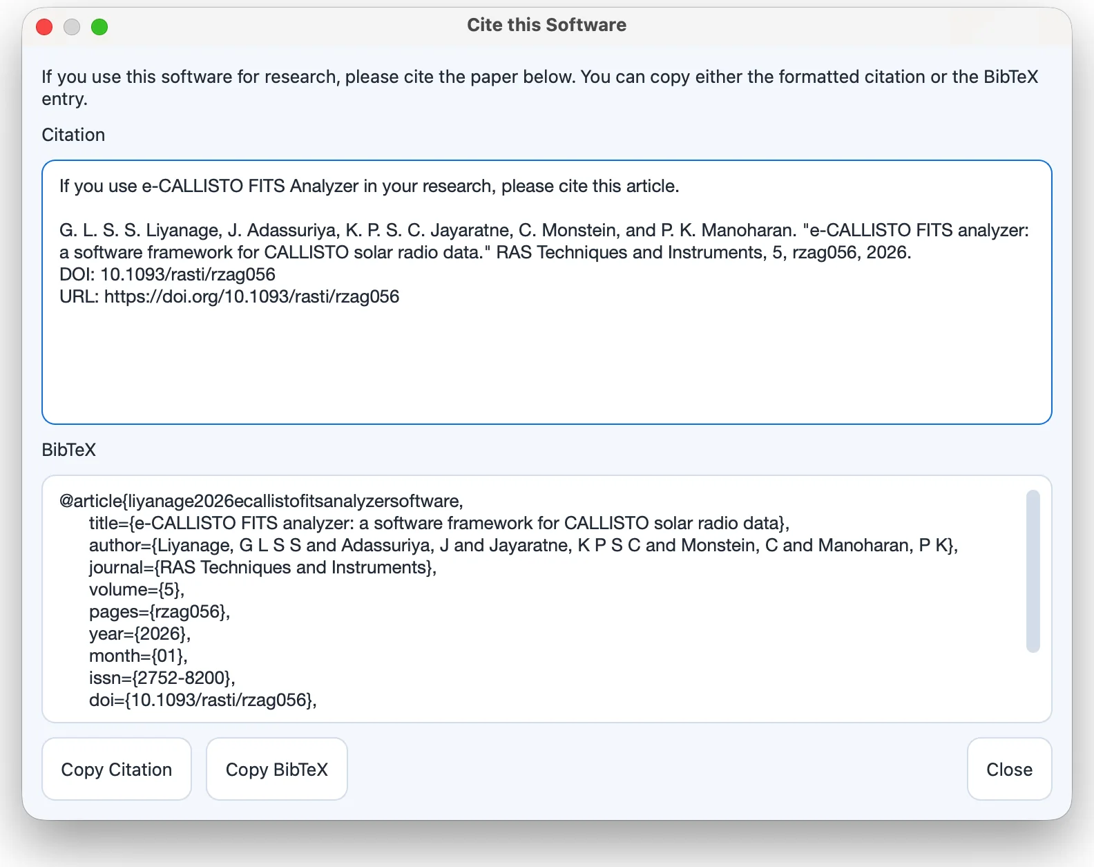 The Cite this Software dialog.