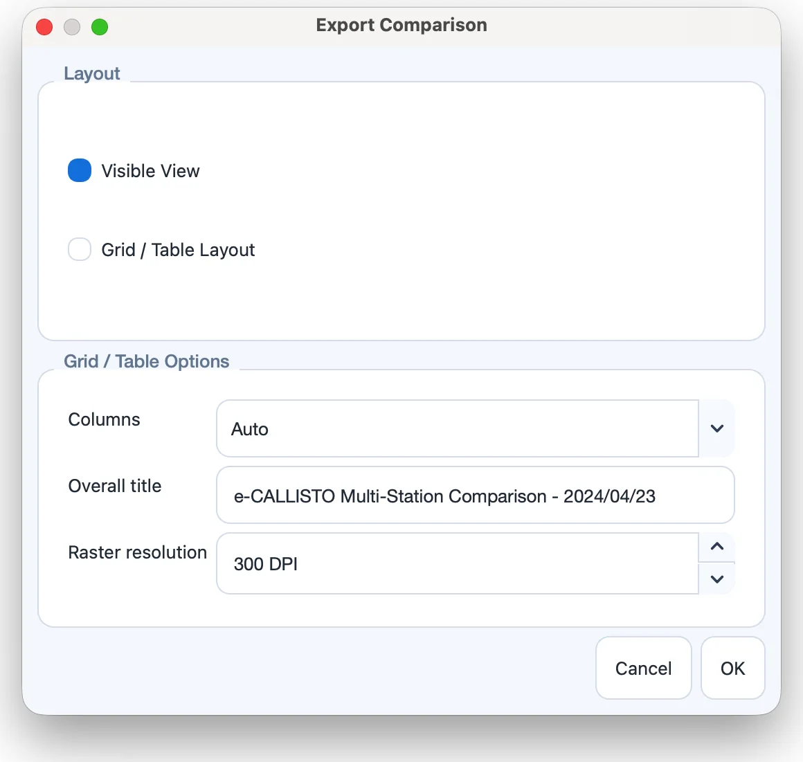 The Export Comparison dialog.