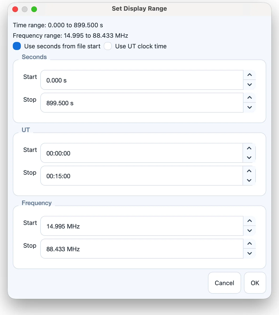 The Set Display Range dialog.