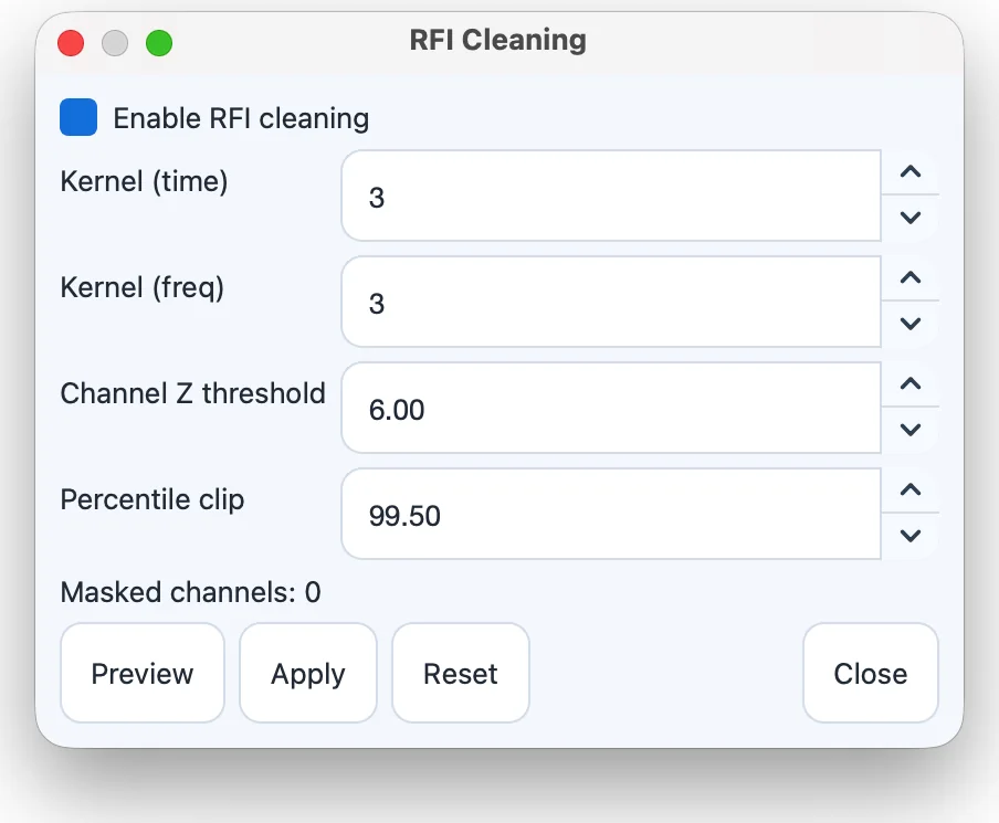 The RFI Cleaning panel.