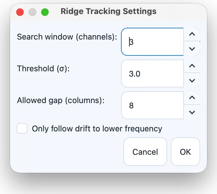 The Ridge Tracking Settings dialog.