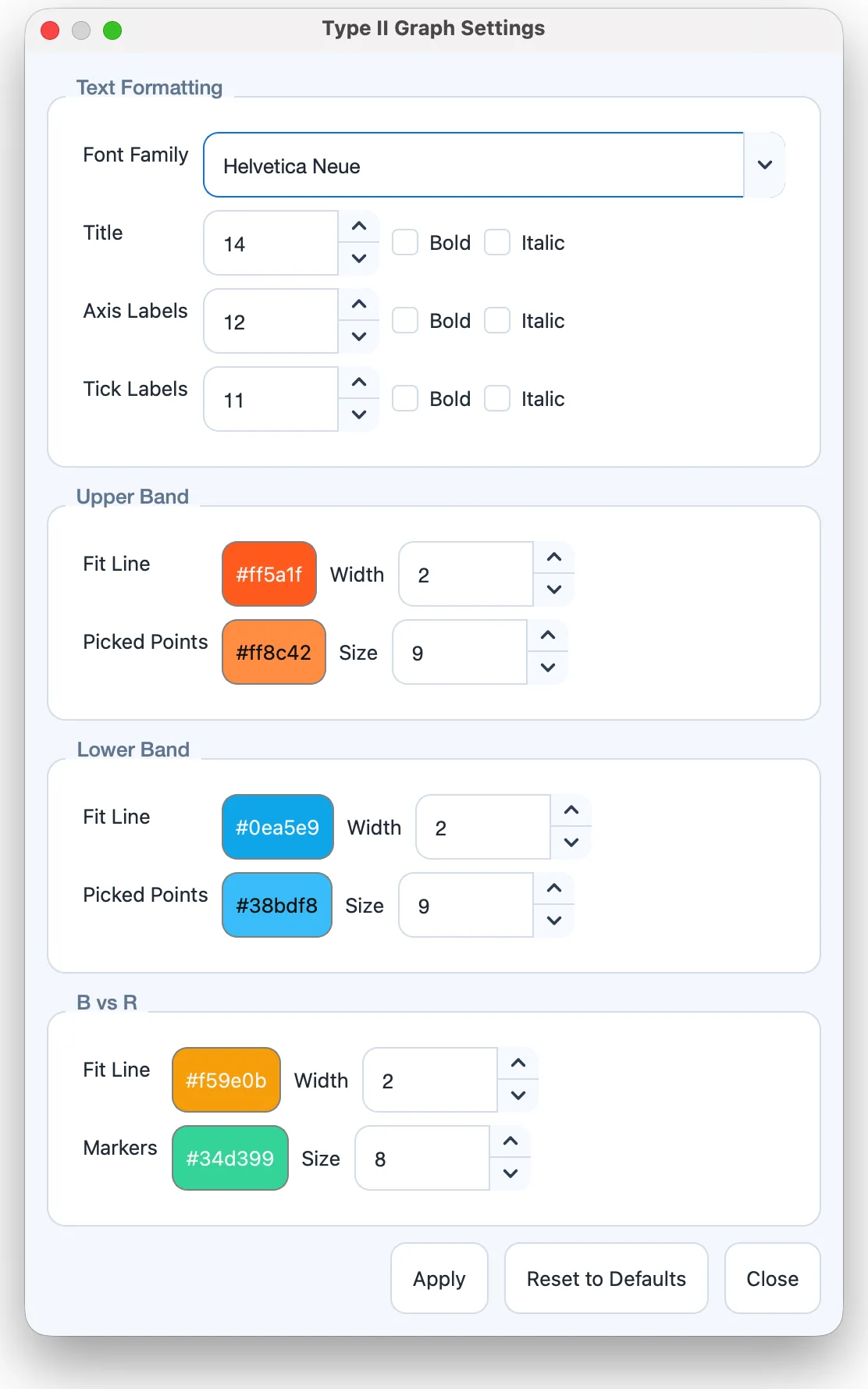 The Type II Graph Settings dialog.