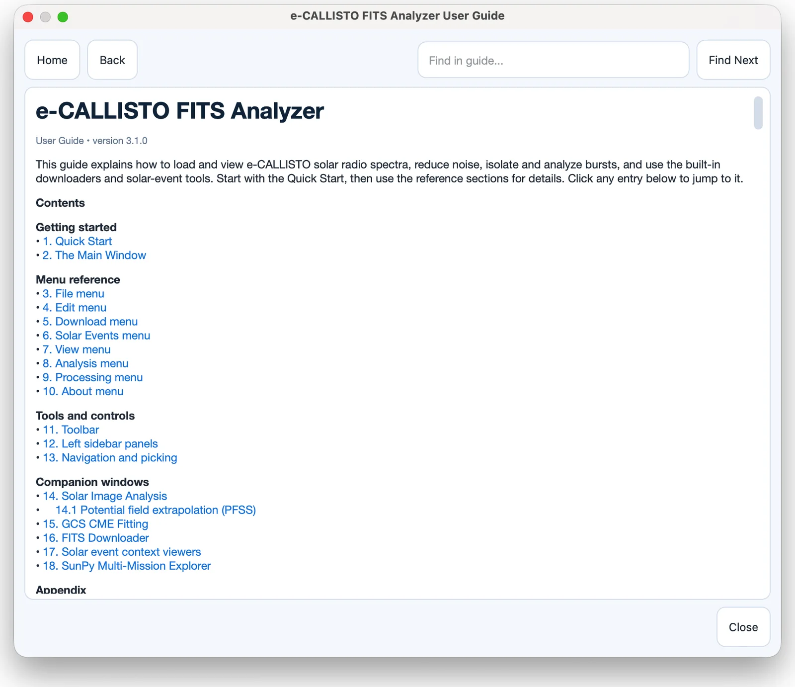 The built-in user guide window.