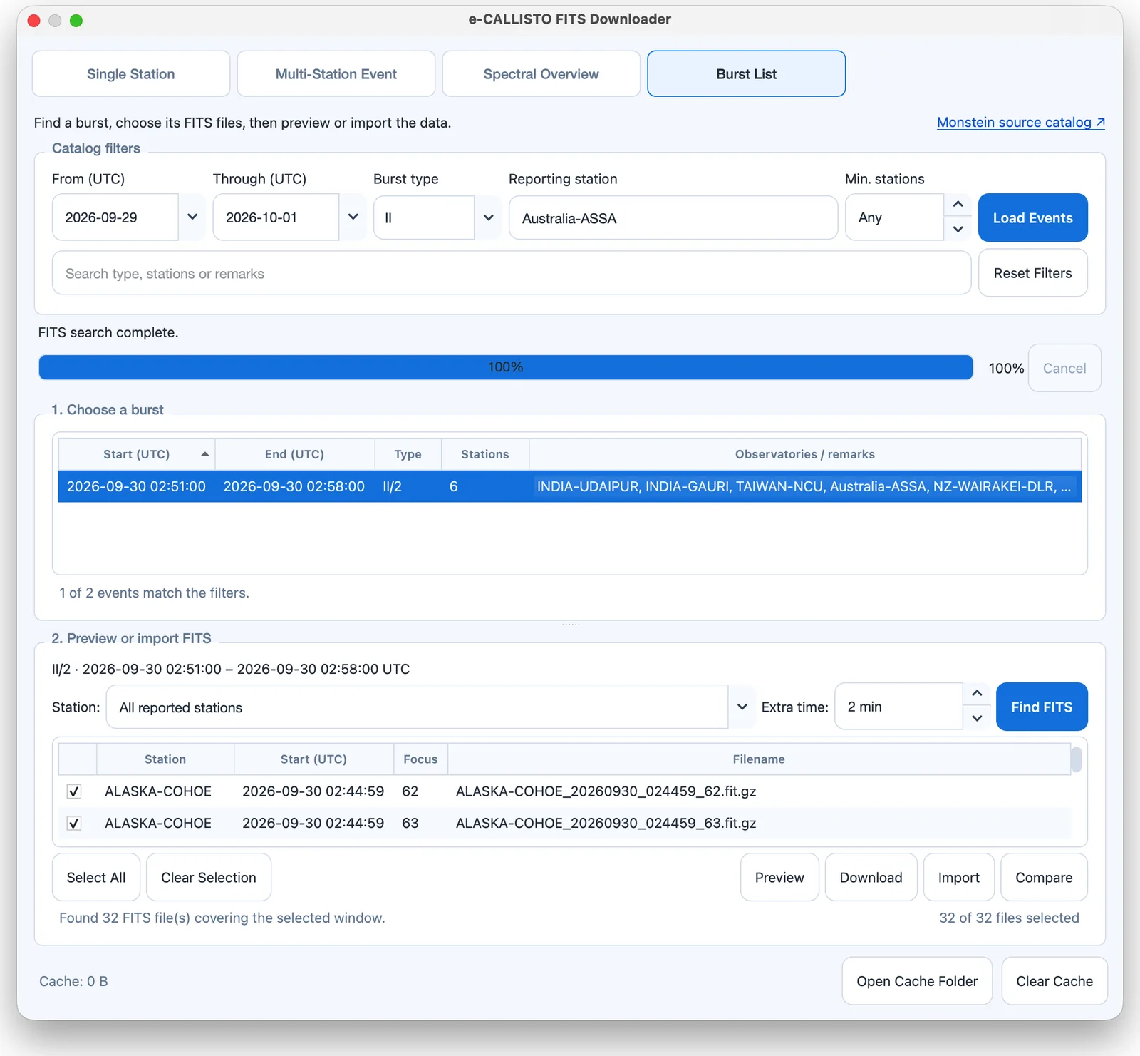 The Burst List tab with a selected Type II event and its FITS files.