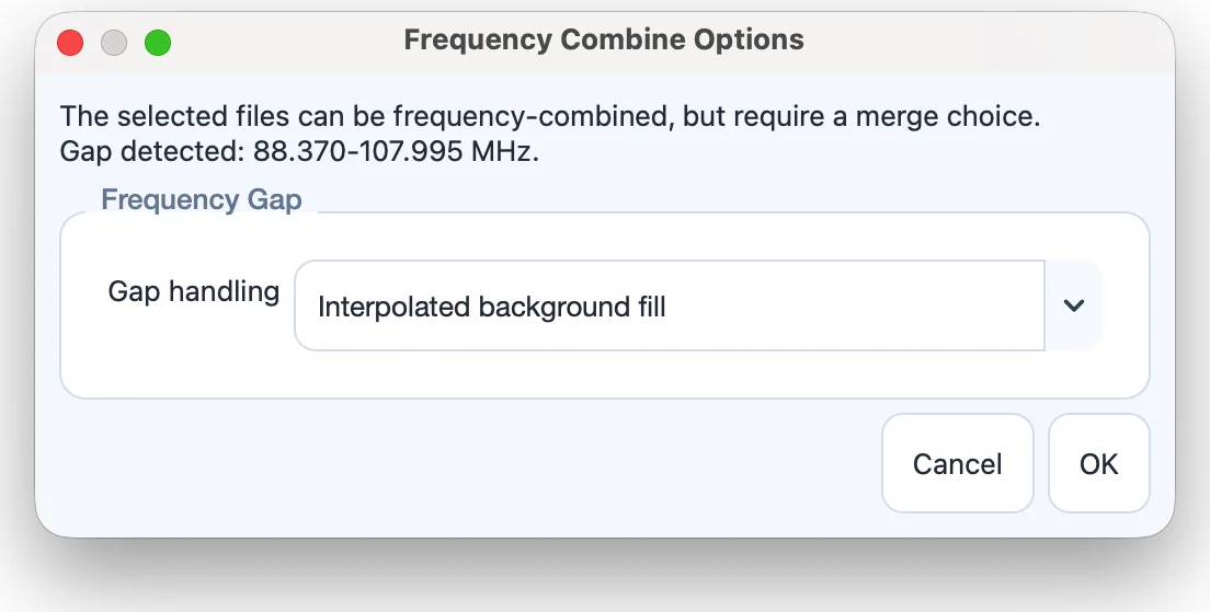 Gap handling in the Frequency Combine Options dialog.
