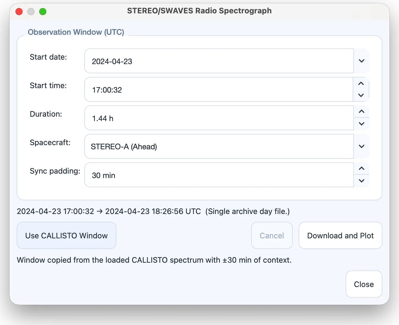 The STEREO/SWAVES dialog.