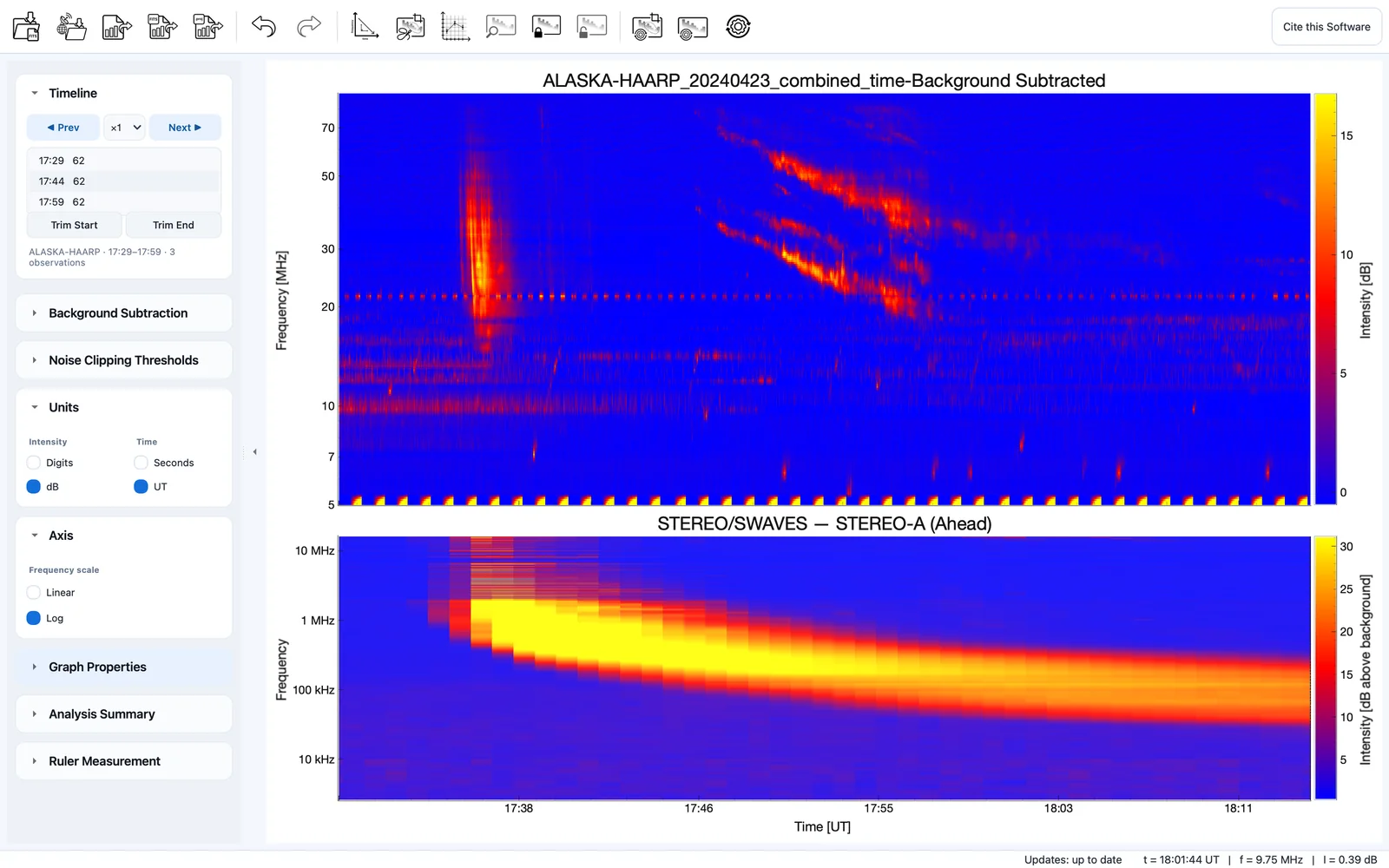 CALLISTO and STEREO/SWAVES spectra in the split view.