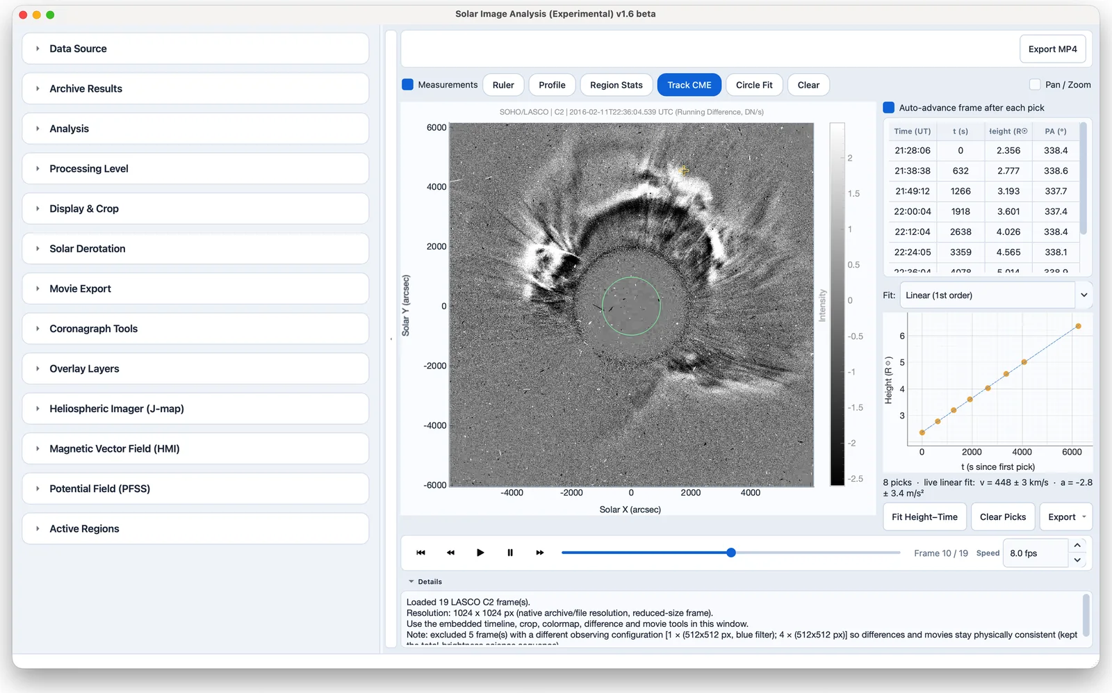CME tracking with the height–time graph in the tracking panel.