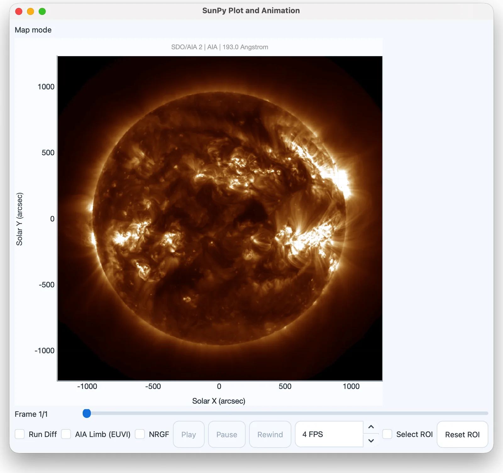 The SunPy Plot and Animation window in map mode.