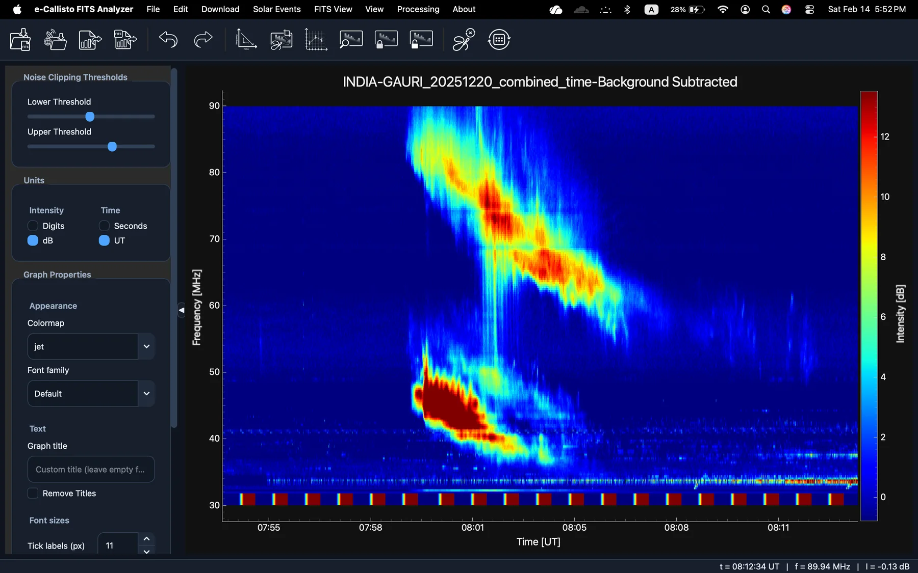 Dynamic spectrum showing drifting radio emission; the colour scale represents intensity
